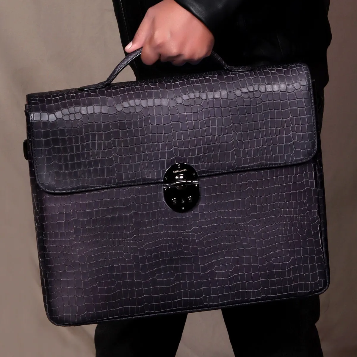 Flap Opening Secured Lock Grey Deep Cut Croco Textured Leather Office/Laptop Briefcase with Organizer Compartment by Brune & Bareskin