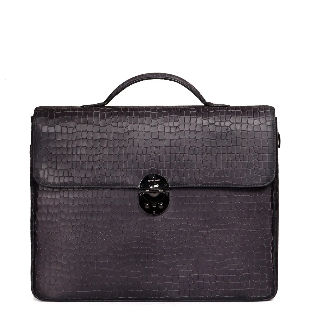 Flap Opening Secured Lock Grey Deep Cut Croco Textured Leather Office/Laptop Briefcase with Organizer Compartment by Brune & Bareskin