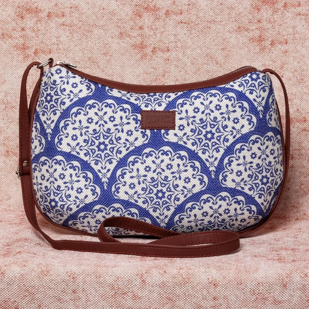 Floral Blue Pottery Structured Shoulder Bag