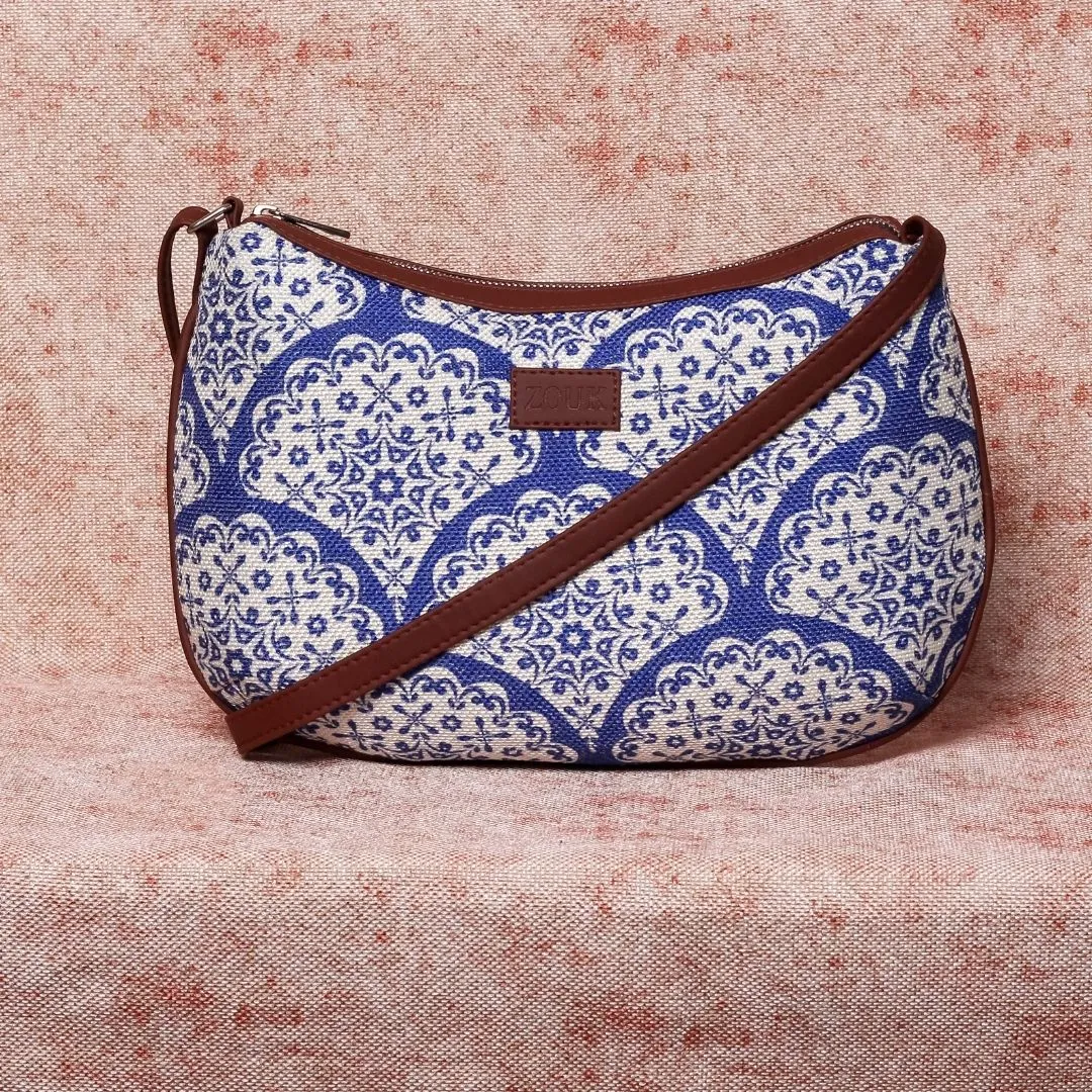 Floral Blue Pottery Structured Shoulder Bag