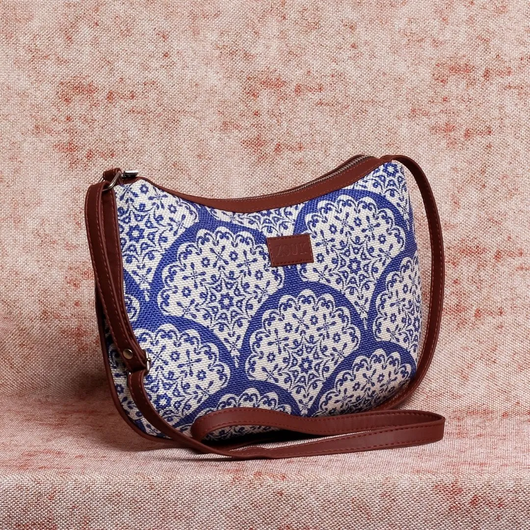 Floral Blue Pottery Structured Shoulder Bag