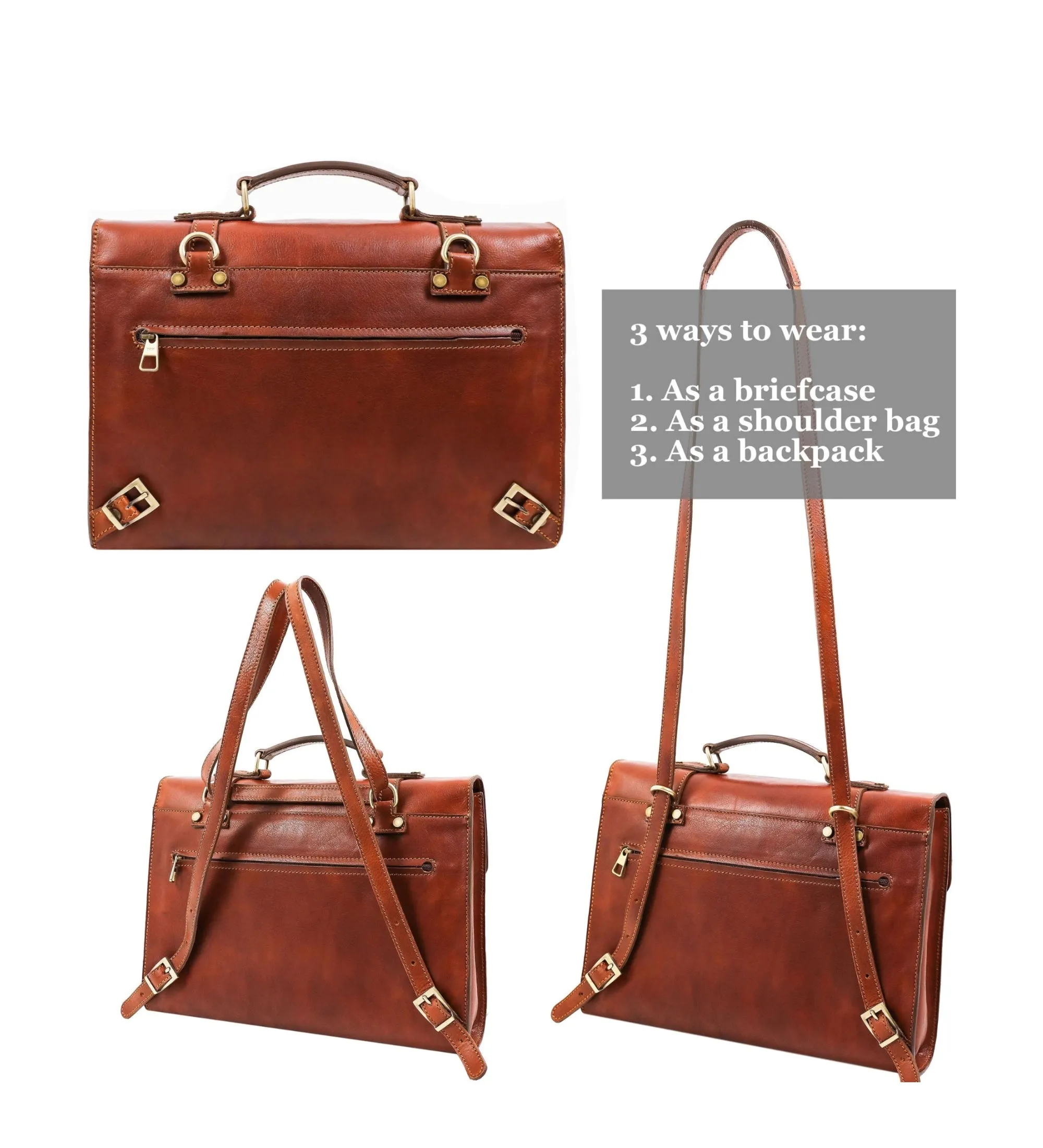 Full Grain Italian Leather Belted Briefcase, Convertible Backpack - The Glass Menagerie