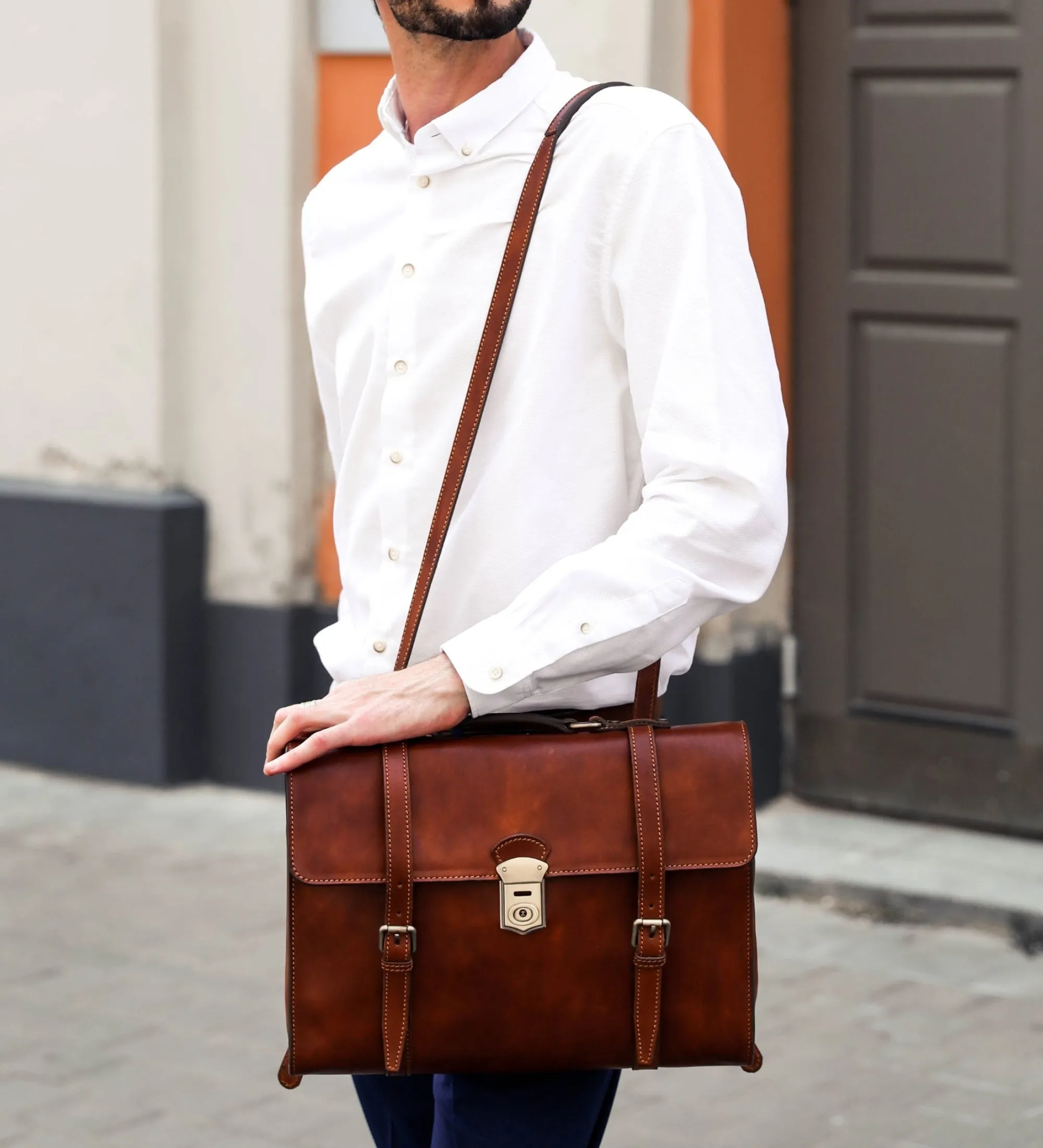 Full Grain Italian Leather Belted Briefcase, Convertible Backpack - The Glass Menagerie