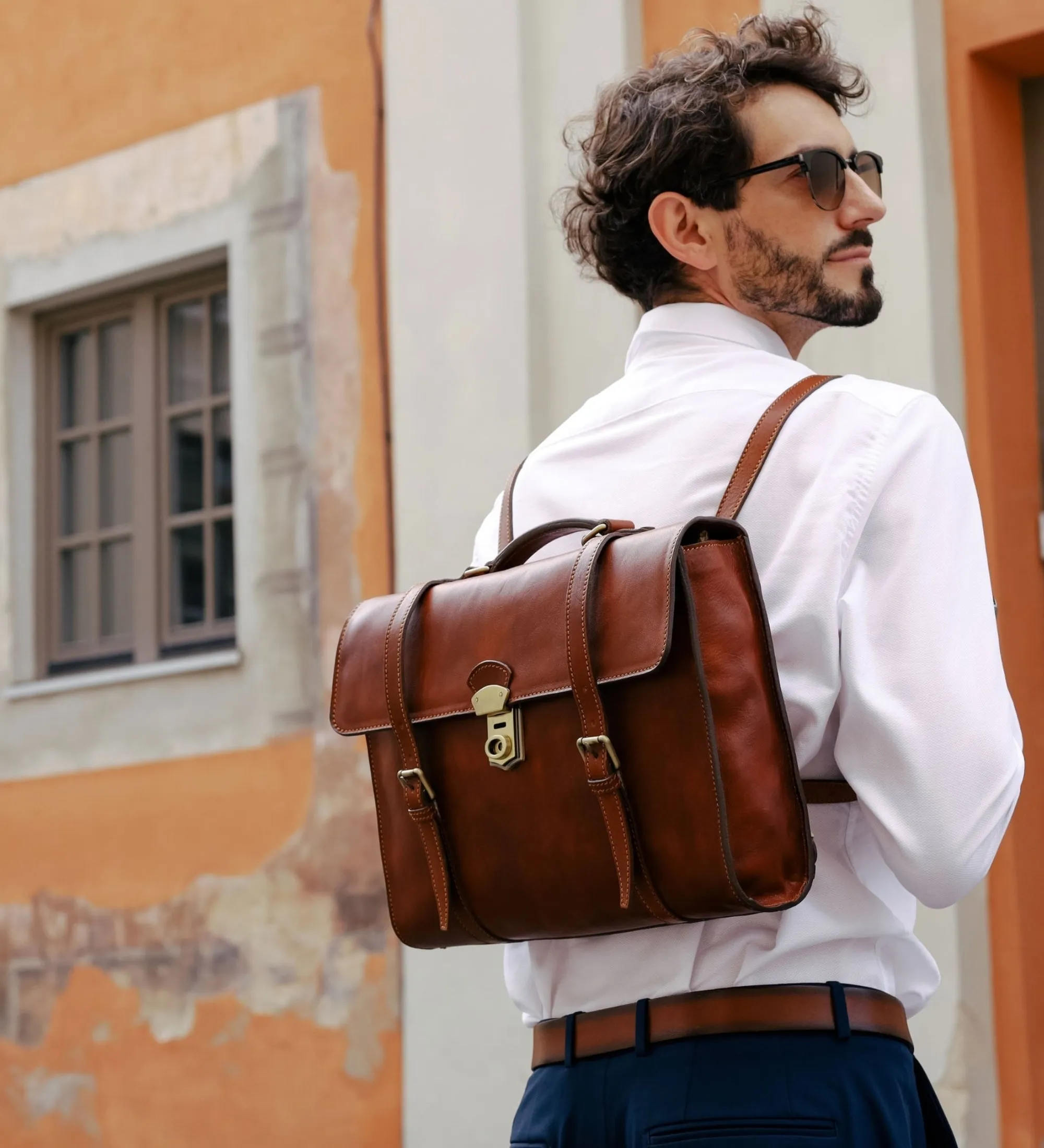 Full Grain Italian Leather Belted Briefcase, Convertible Backpack - The Glass Menagerie