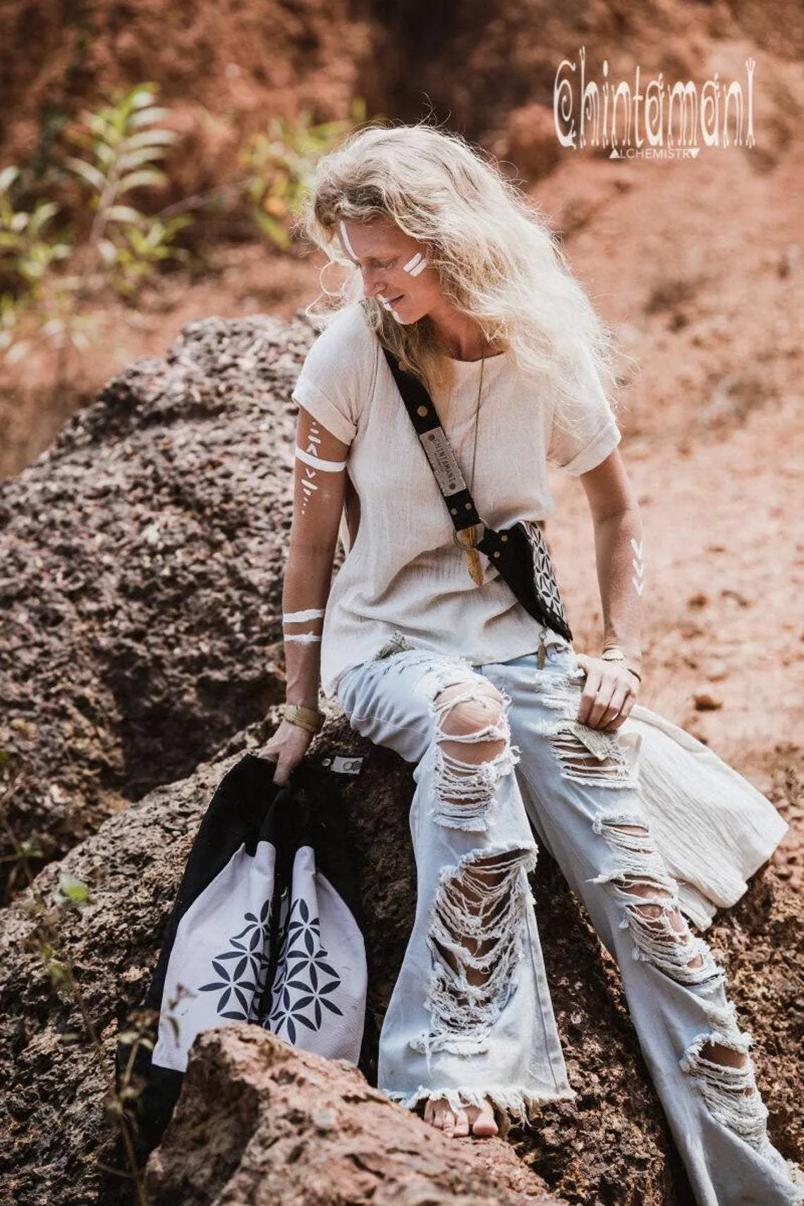 Giant Cotton Canvas Torba Backpack with Flower of Life Print / Black & Grey