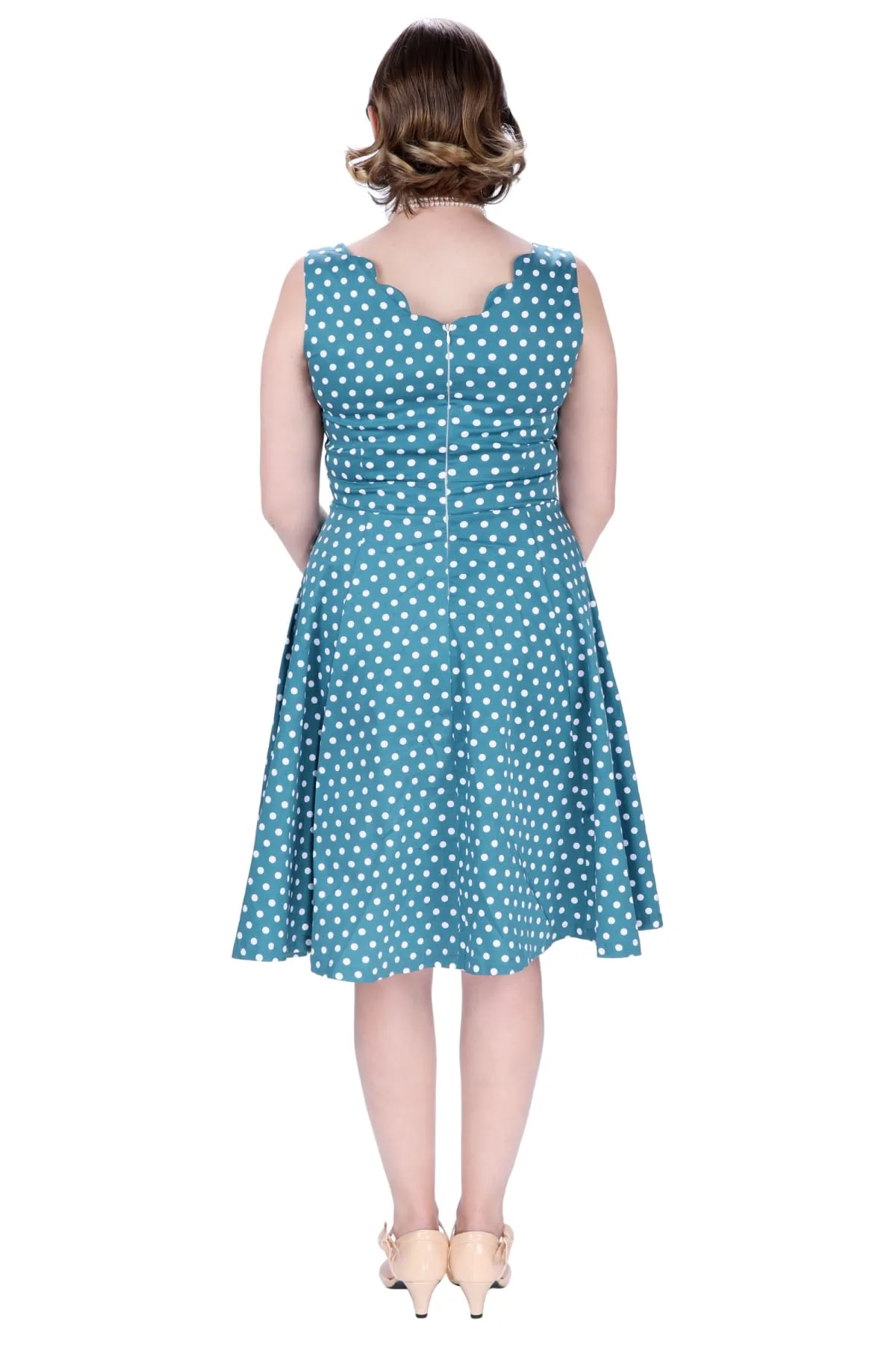 Gorgeous Green and White Polka Dot Scallop Neckline A Line Dress