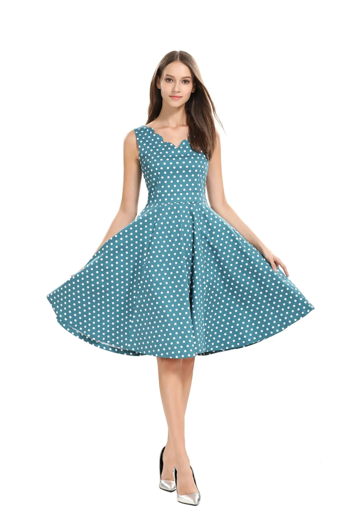 Gorgeous Green and White Polka Dot Scallop Neckline A Line Dress