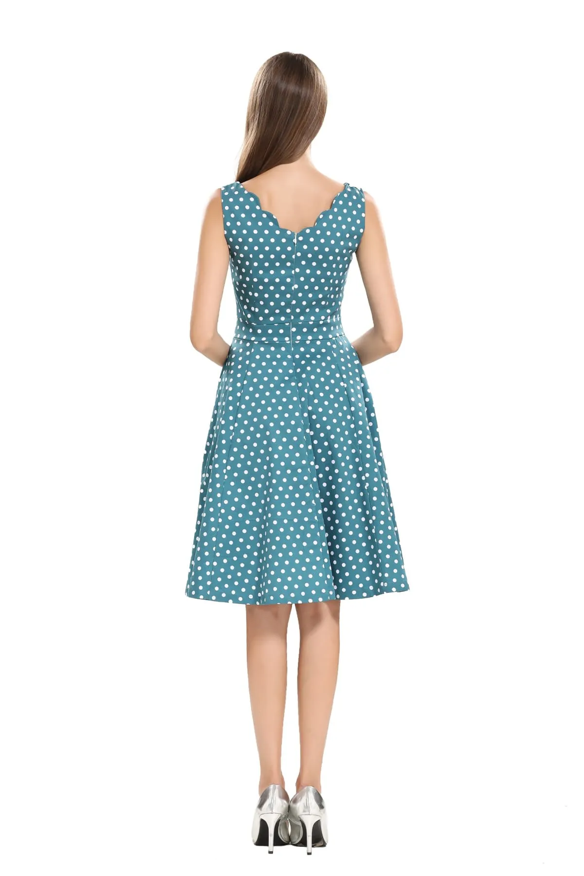 Gorgeous Green and White Polka Dot Scallop Neckline A Line Dress