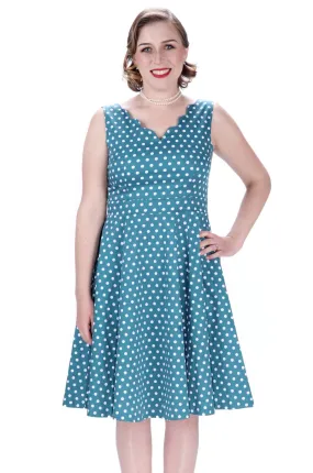 Gorgeous Green and White Polka Dot Scallop Neckline A Line Dress