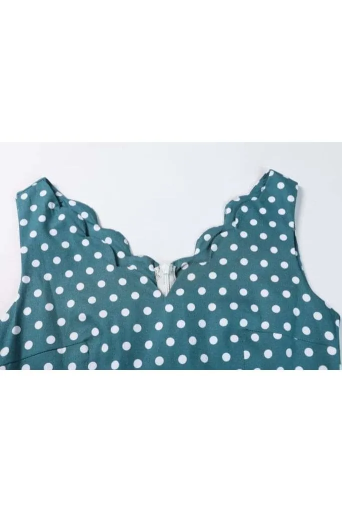 Gorgeous Green and White Polka Dot Scallop Neckline A Line Dress