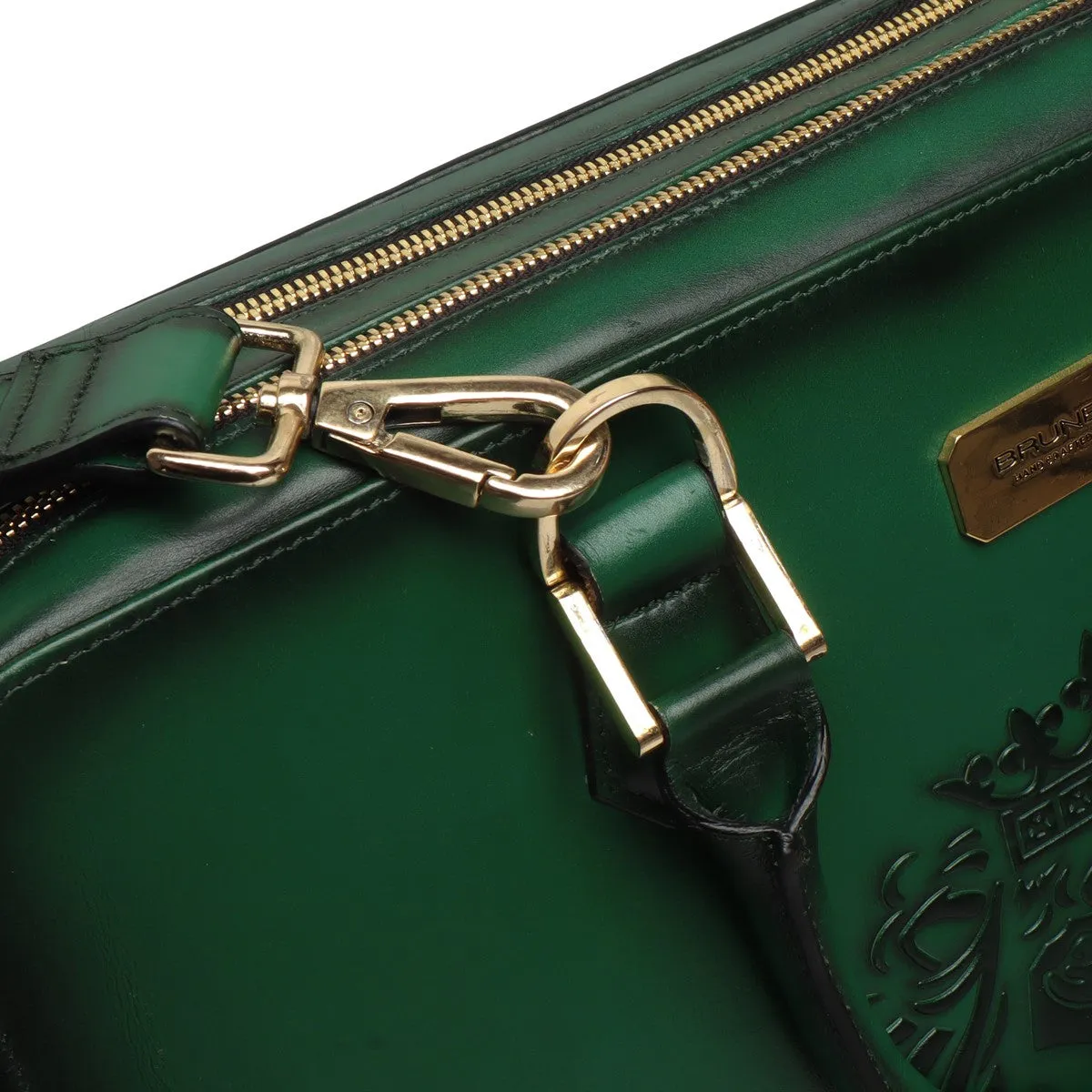 Green Leather Embossed Lion Laptop Briefcase with Organizer Compartment by Brune & Bareskin