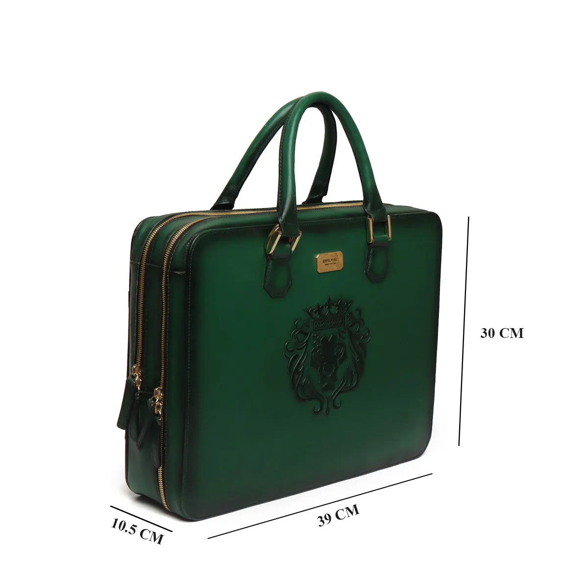 Green Leather Embossed Lion Laptop Briefcase with Organizer Compartment by Brune & Bareskin