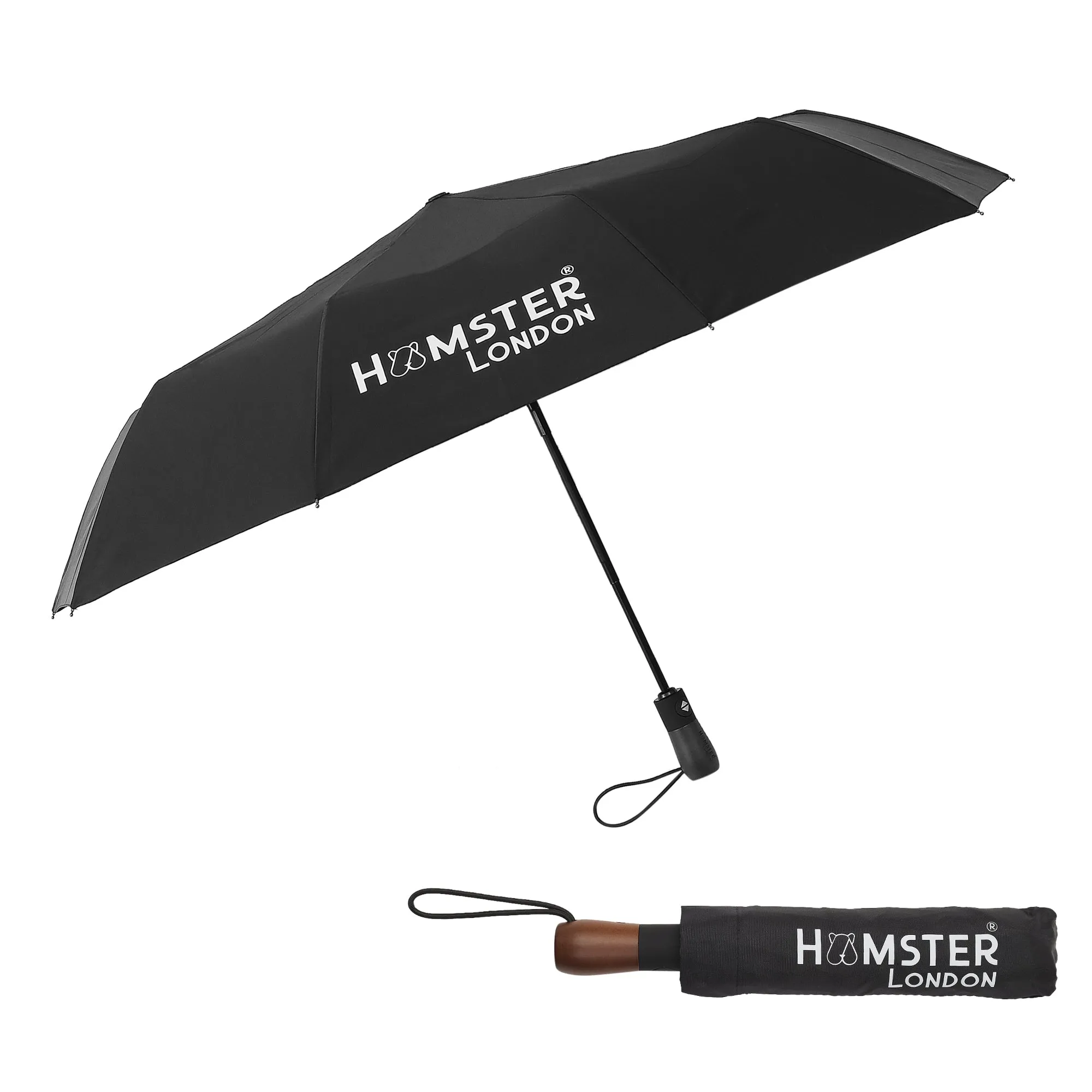 Hamster London Wooden Automatic Open & Close Pocket Folding Umbrella (Black)