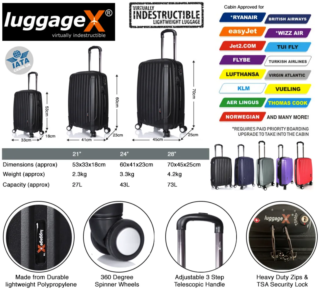 Hard Black Suitcase Set of 3 Virtually Indestructible LuggageX 4 Double Spinner Wheels