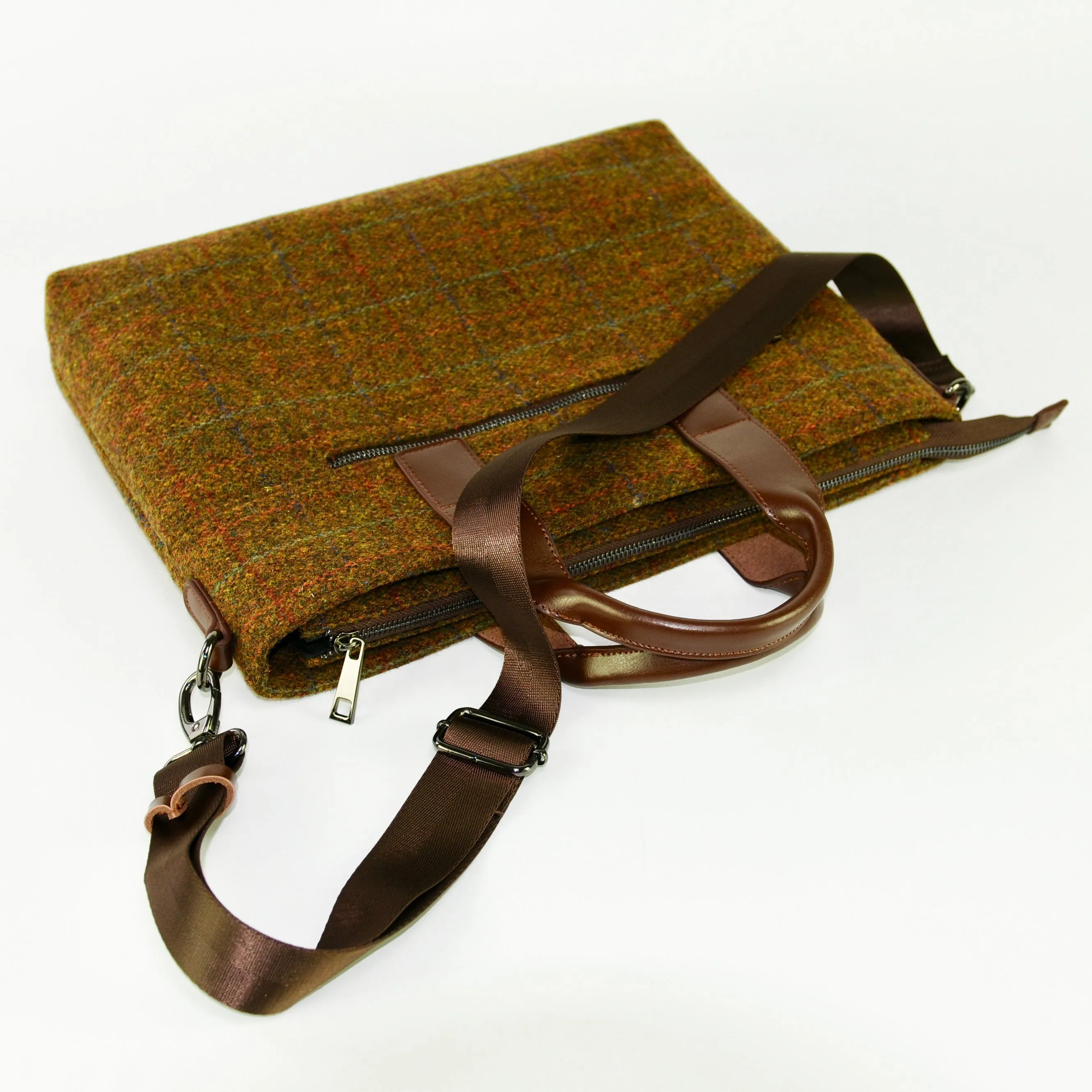 Harris Tweed Leather Handle Briefcase,Scottish Tartan Wool Bag-i7bags