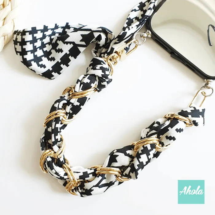 【Houndstooth】Mirror Silk Scarf Lanyard iPhone Case 千鳥格絲巾掛繩自訂名字鏡面電話殼