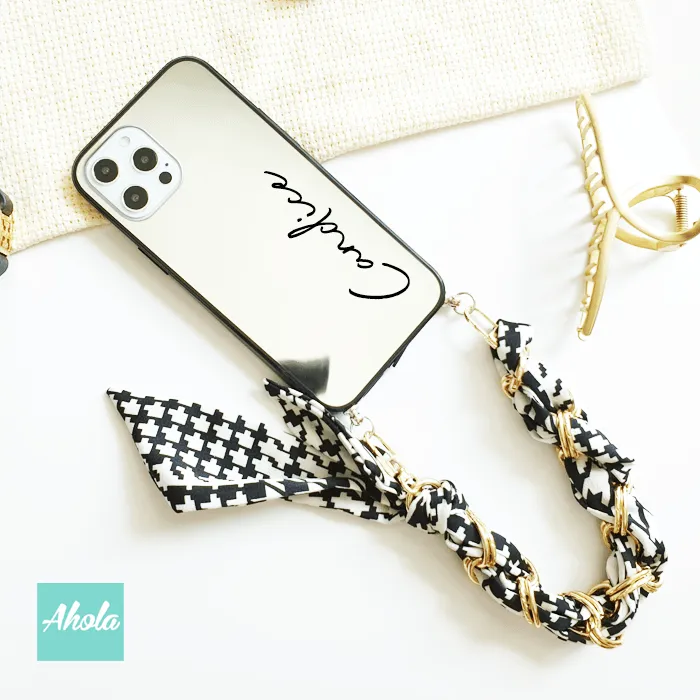 【Houndstooth】Mirror Silk Scarf Lanyard iPhone Case 千鳥格絲巾掛繩自訂名字鏡面電話殼