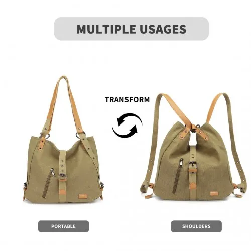 Kono Khaki Casual Canvas Dual-Use Bag - Versatile Shoulder Bag & Backpack with Large Capacity