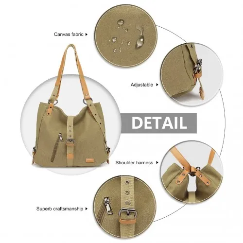 Kono Khaki Casual Canvas Dual-Use Bag - Versatile Shoulder Bag & Backpack with Large Capacity