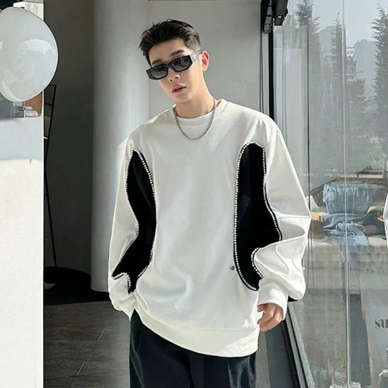 Korean Chic Men's T-shirt Round Collar Contrast Color Pearl Patchwork Design Male Round Neck Long Sleeve Top Spring 9C5123