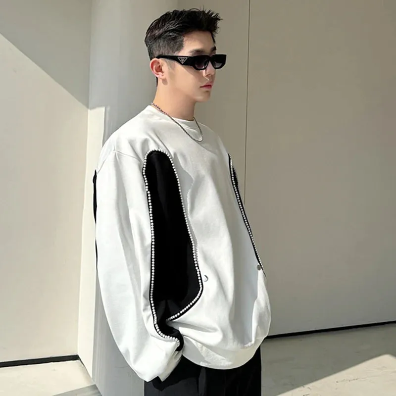 Korean Chic Men's T-shirt Round Collar Contrast Color Pearl Patchwork Design Male Round Neck Long Sleeve Top Spring 9C5123