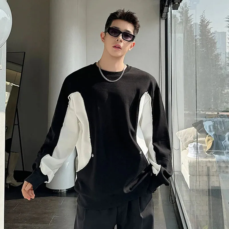 Korean Chic Men's T-shirt Round Collar Contrast Color Pearl Patchwork Design Male Round Neck Long Sleeve Top Spring 9C5123