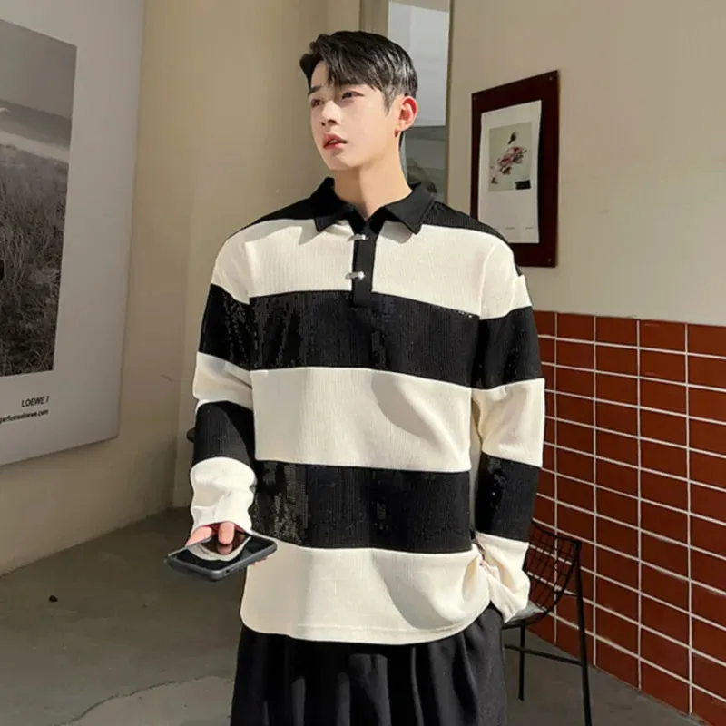 Korean Style High Grade T-shirts Trend Men's Contrast Color Long Sleeve Pullover Tee Fashion Male Street Clothing 9C1212