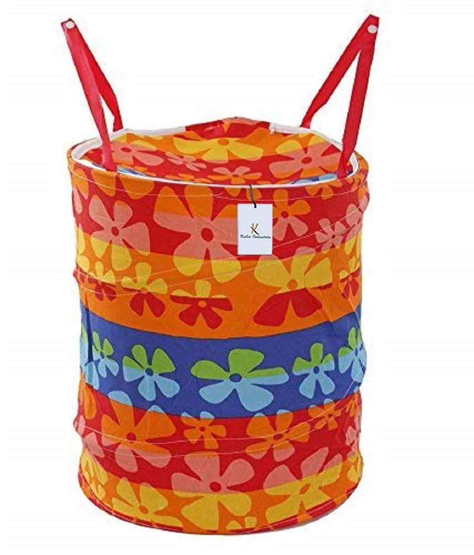 Kuber Industries Big Round Foldable Cotton Laundary Basket, 40 litres (KI4975),Multicolour,Standard