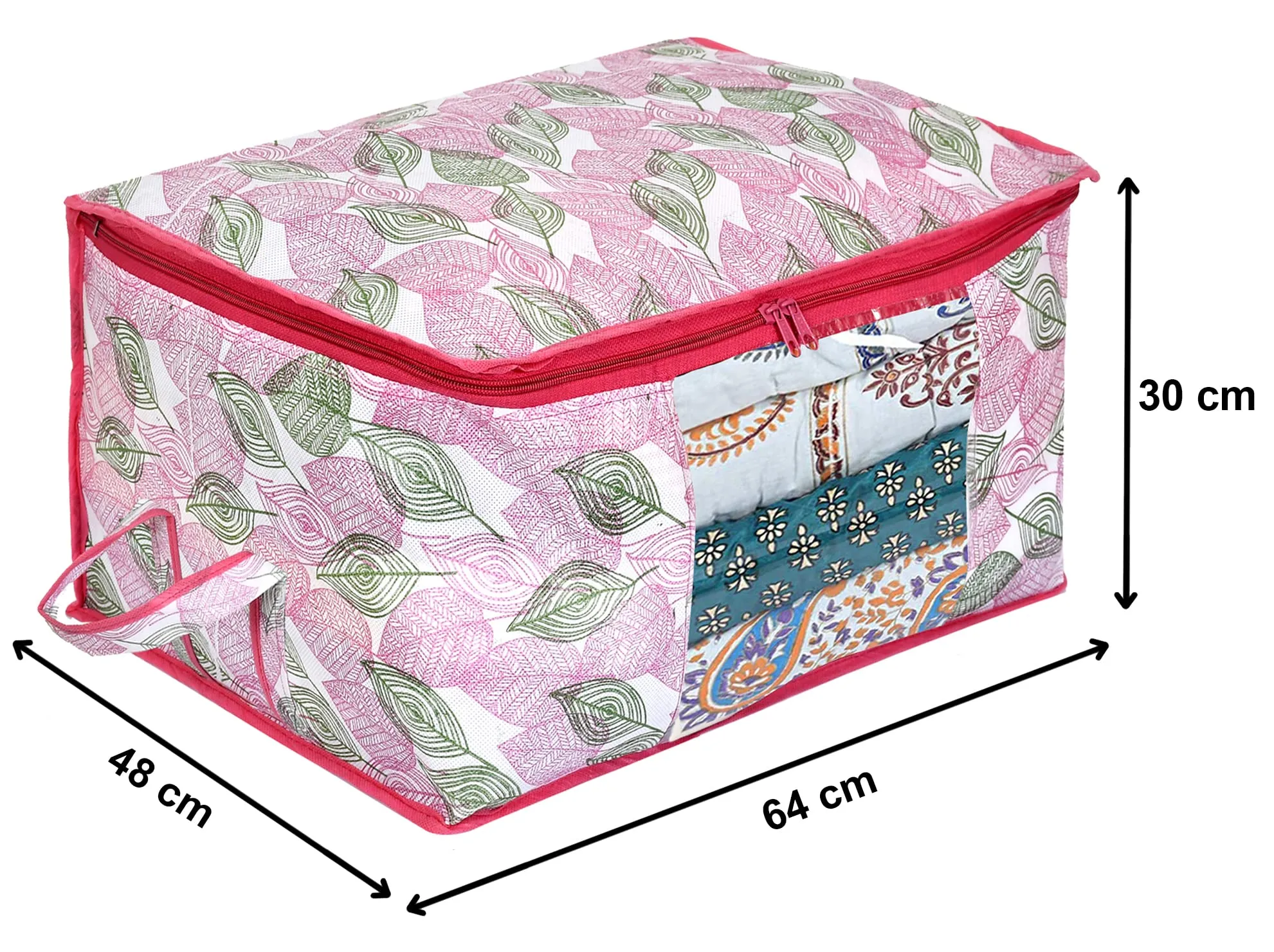 Kuber Industries Leaf Design Non-woven Foldable Underbed/Storage Bag/Wardrobe Organizer With Transparent Window- Pack of 3 (Pink)-44KM0485