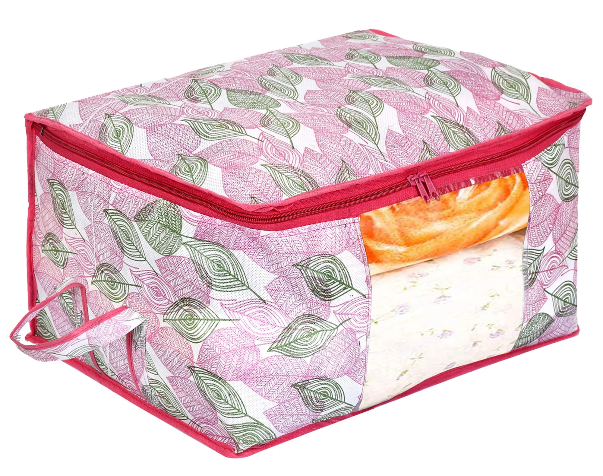 Kuber Industries Leaf Design Non-woven Foldable Underbed/Storage Bag/Wardrobe Organizer With Transparent Window- Pack of 3 (Pink)-44KM0485