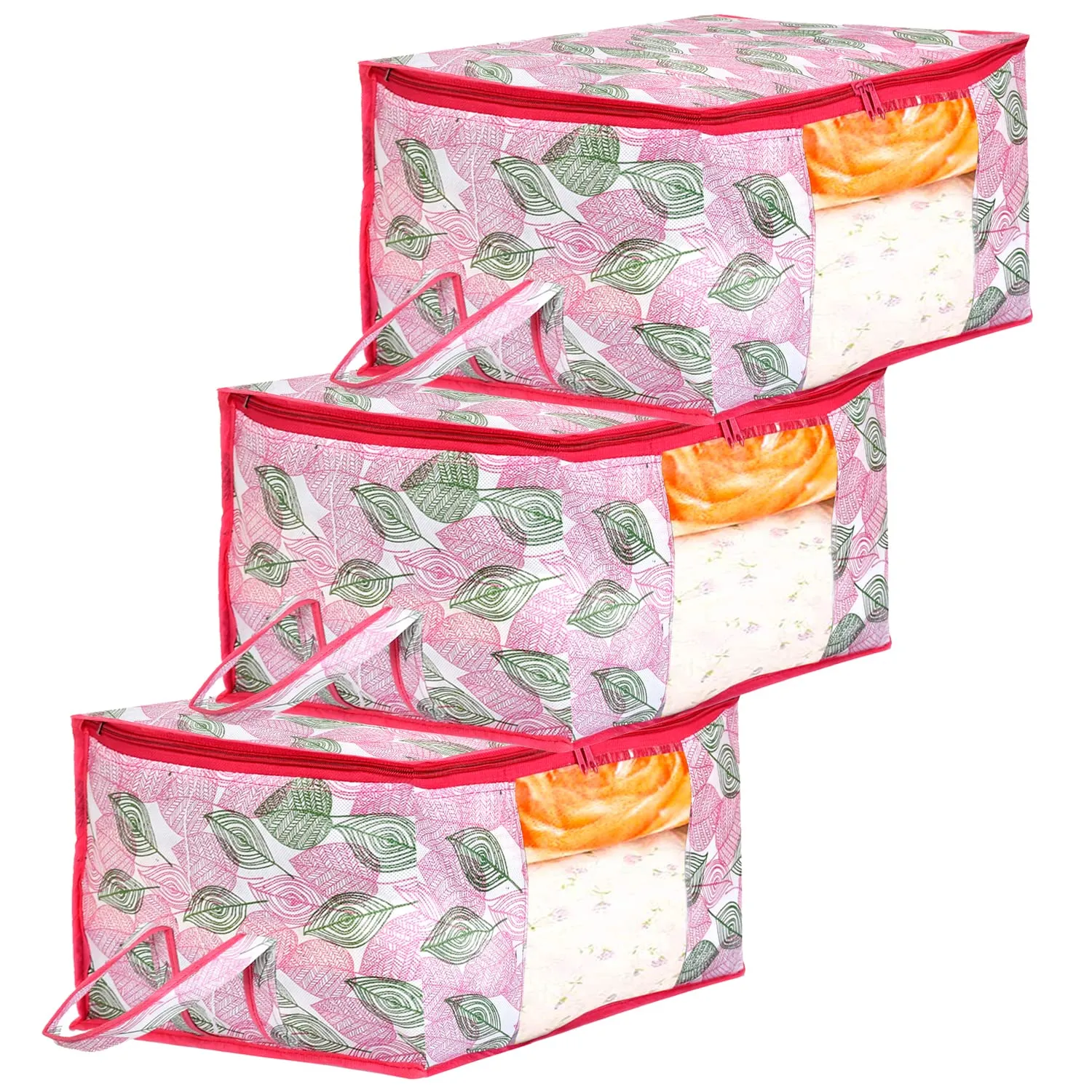 Kuber Industries Leaf Design Non-woven Foldable Underbed/Storage Bag/Wardrobe Organizer With Transparent Window- Pack of 3 (Pink)-44KM0485