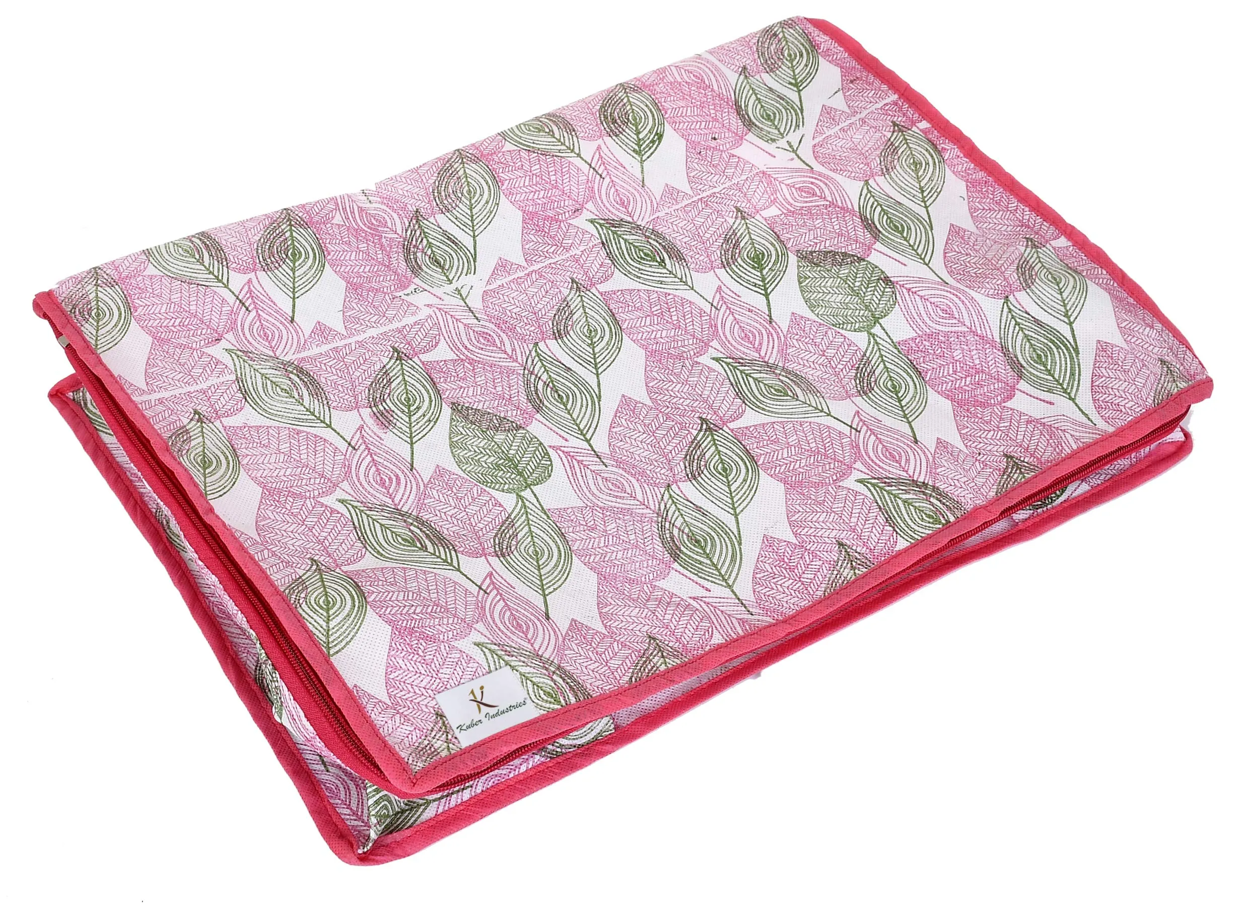 Kuber Industries Leaf Design Non-woven Foldable Underbed/Storage Bag/Wardrobe Organizer With Transparent Window- Pack of 3 (Pink)-44KM0485