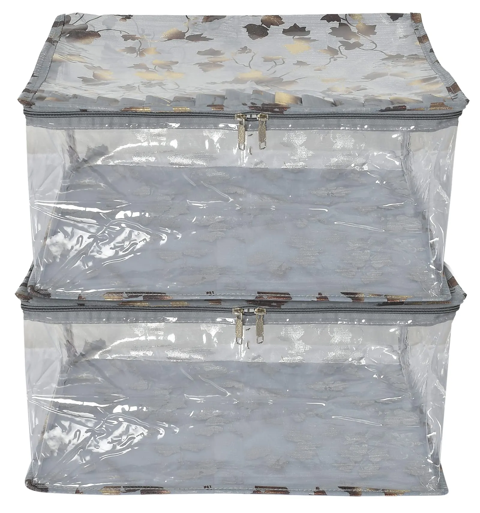 Kuber Industries Leaf Printed Laminated Transparent Underbed Storage Bag- Pack of 2 (Grey)-HS43KUBMART26135