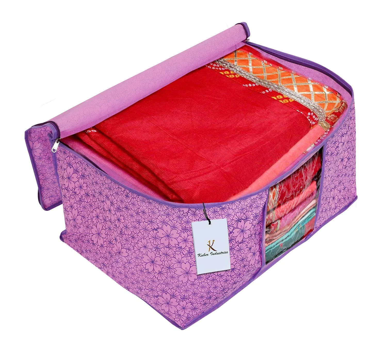 Kuber Industries Metallic Printed Non Woven 6 Pieces Saree Cover and 3 Pieces Underbed Storage Bag, Cloth Organizer for Storage, Blanket Cover Combo Set (Pink & Purple) -CTKTC038580