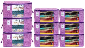 Kuber Industries Metallic Printed Non Woven 6 Pieces Saree Cover and 3 Pieces Underbed Storage Bag, Cloth Organizer for Storage, Blanket Cover Combo Set (Pink & Purple) -CTKTC038580