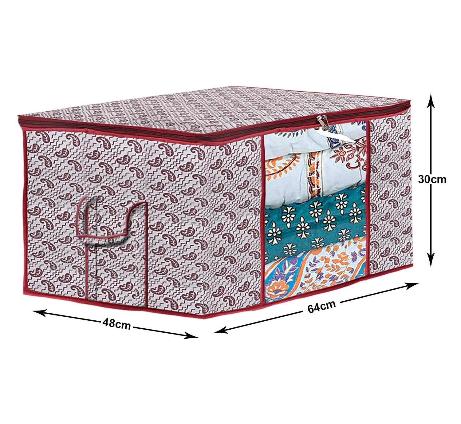 Kuber Industries Paisley Design Non-woven Foldable Underbed/Storage Bag/Wardrobe Organizer With Transparent Window- Pack of 3 (White)-44KM0469