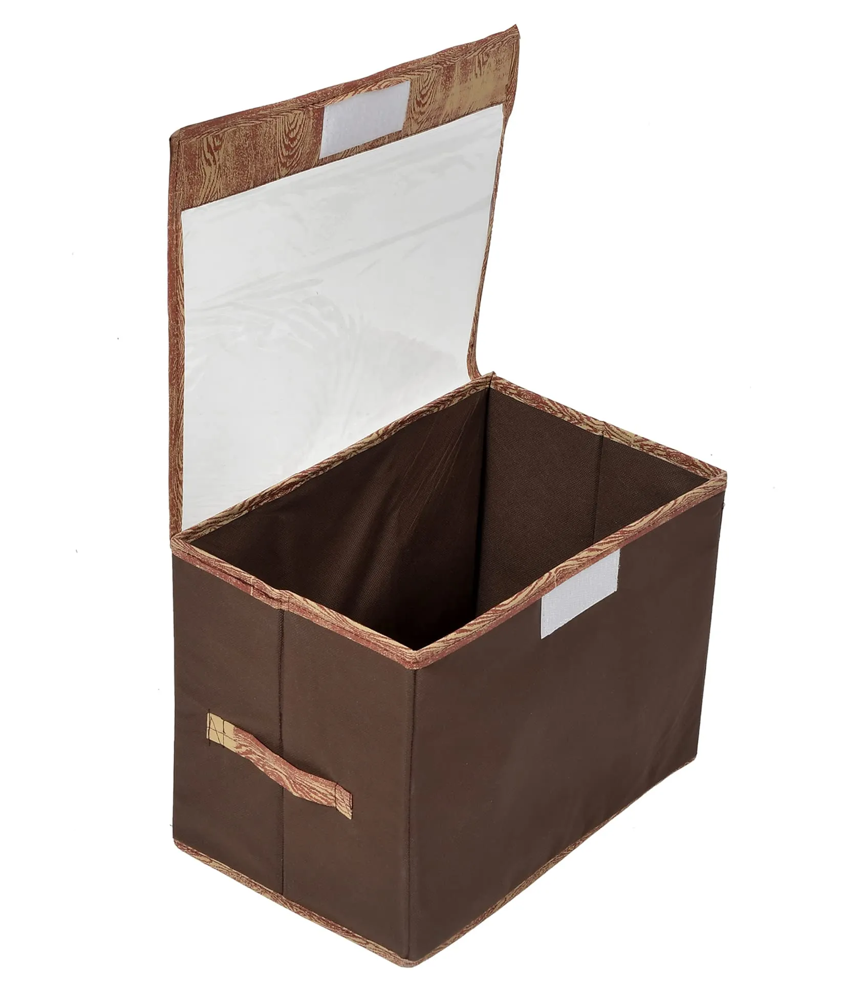 Kuber Industries Wooden Design Foldable Medium Non-Woven Storage Box/Bin For Books, Towels, Magazines, DVDs & More With Tranasparent Lid- Pack of 3 (Brown) -44KM0440