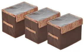 Kuber Industries Wooden Design Foldable Medium Non-Woven Storage Box/Bin For Books, Towels, Magazines, DVDs & More With Tranasparent Lid- Pack of 3 (Brown) -44KM0440