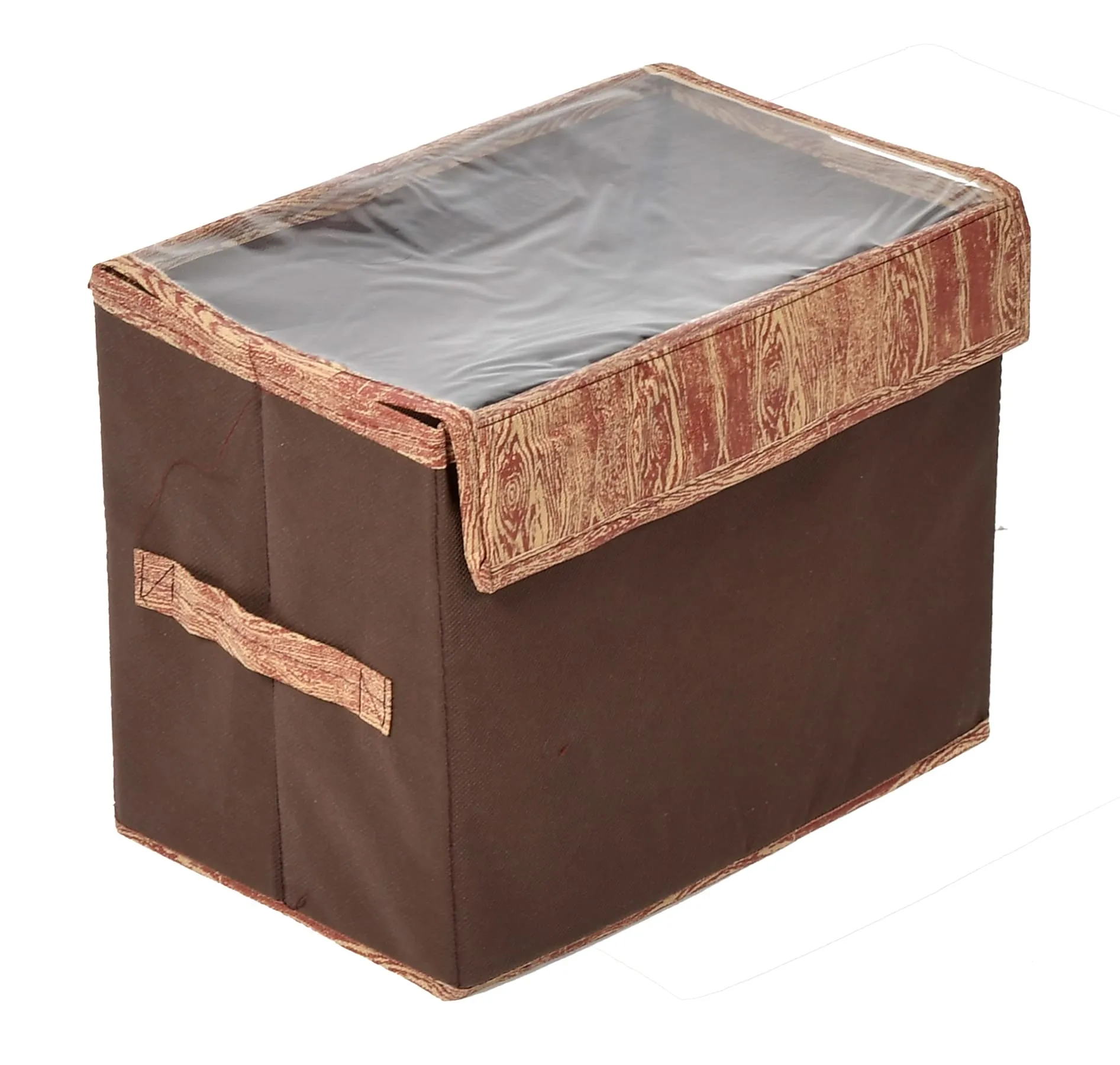 Kuber Industries Wooden Design Foldable Medium Non-Woven Storage Box/Bin For Books, Towels, Magazines, DVDs & More With Tranasparent Lid- Pack of 3 (Brown) -44KM0440