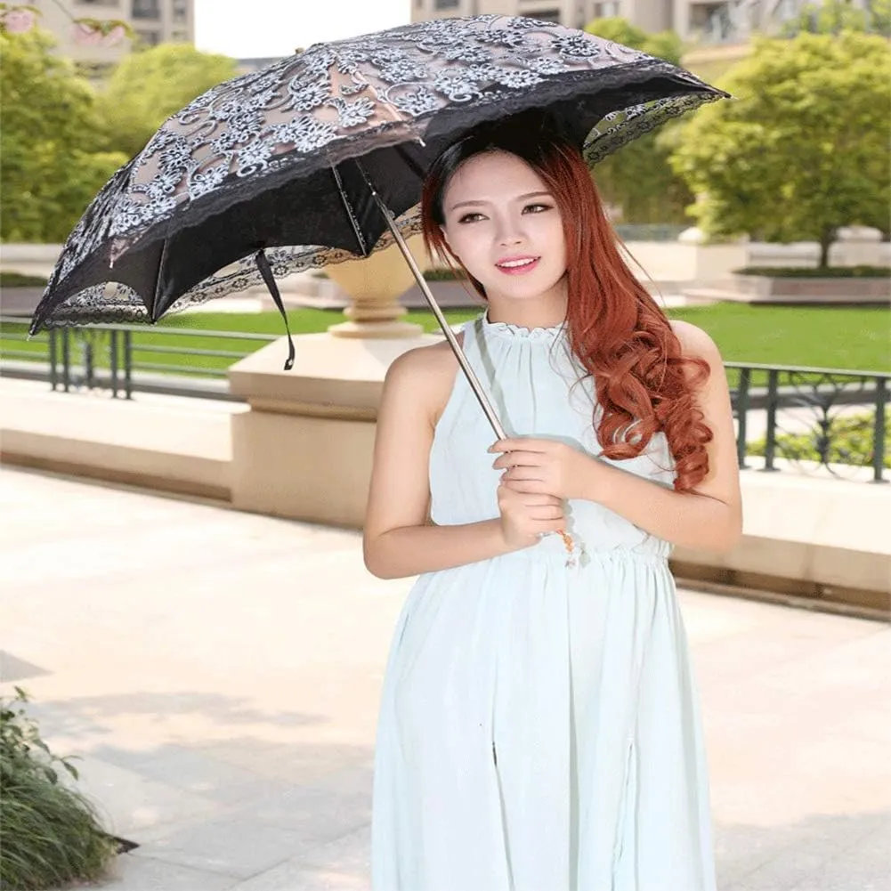 Lace Parasol Umbrella Anti-UV Protection Sun Shade UPF 50  Lightweight and Portable Folding Umbrella (Black)