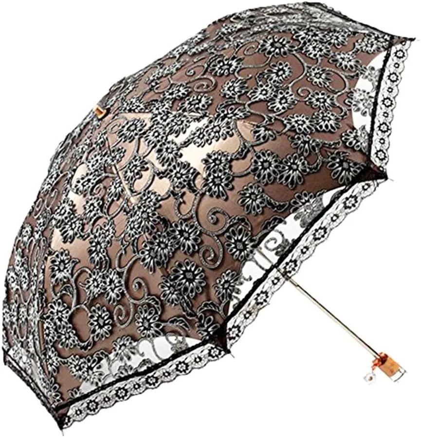 Lace Parasol Umbrella Anti-UV Protection Sun Shade UPF 50  Lightweight and Portable Folding Umbrella (Black)