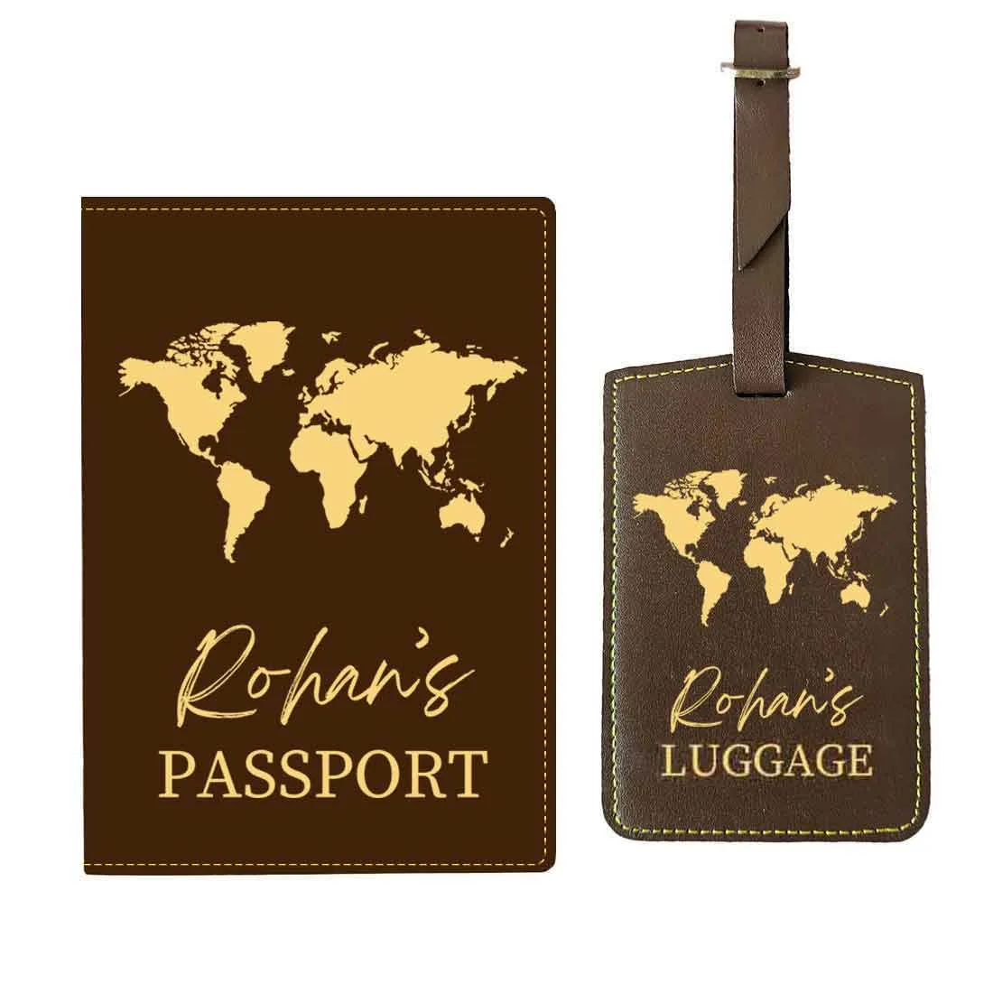 Leather Passport Holder Customized with Name Design Passport Cover and Luggage Tag Set - MAP