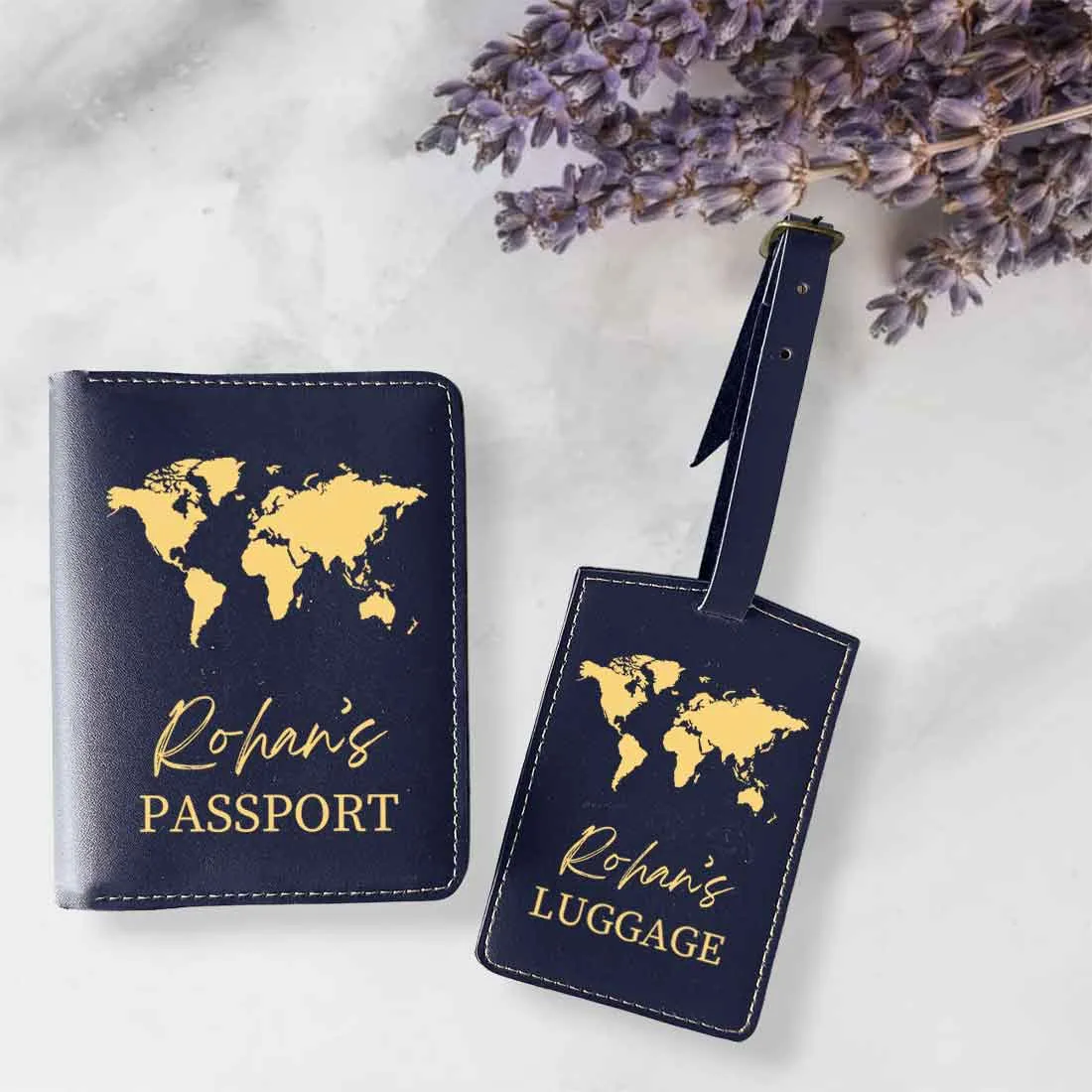 Leather Passport Holder Customized with Name Design Passport Cover and Luggage Tag Set - MAP