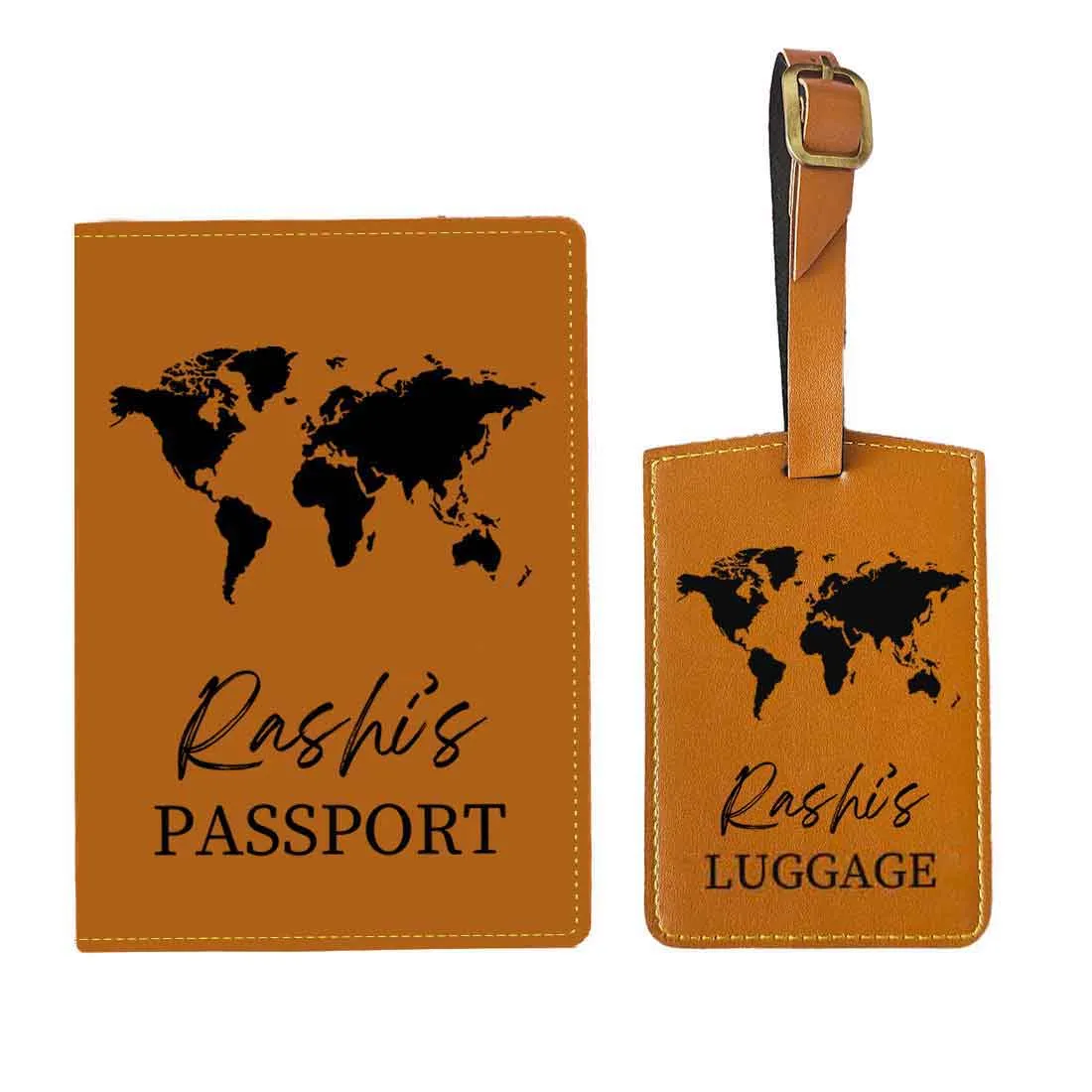 Leather Passport Holder Customized with Name Design Passport Cover and Luggage Tag Set - MAP