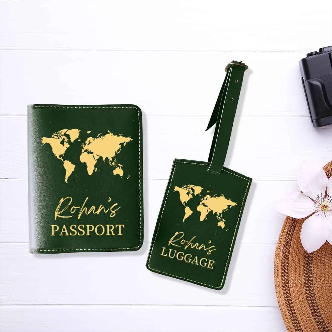 Leather Passport Holder Customized with Name Design Passport Cover and Luggage Tag Set - MAP