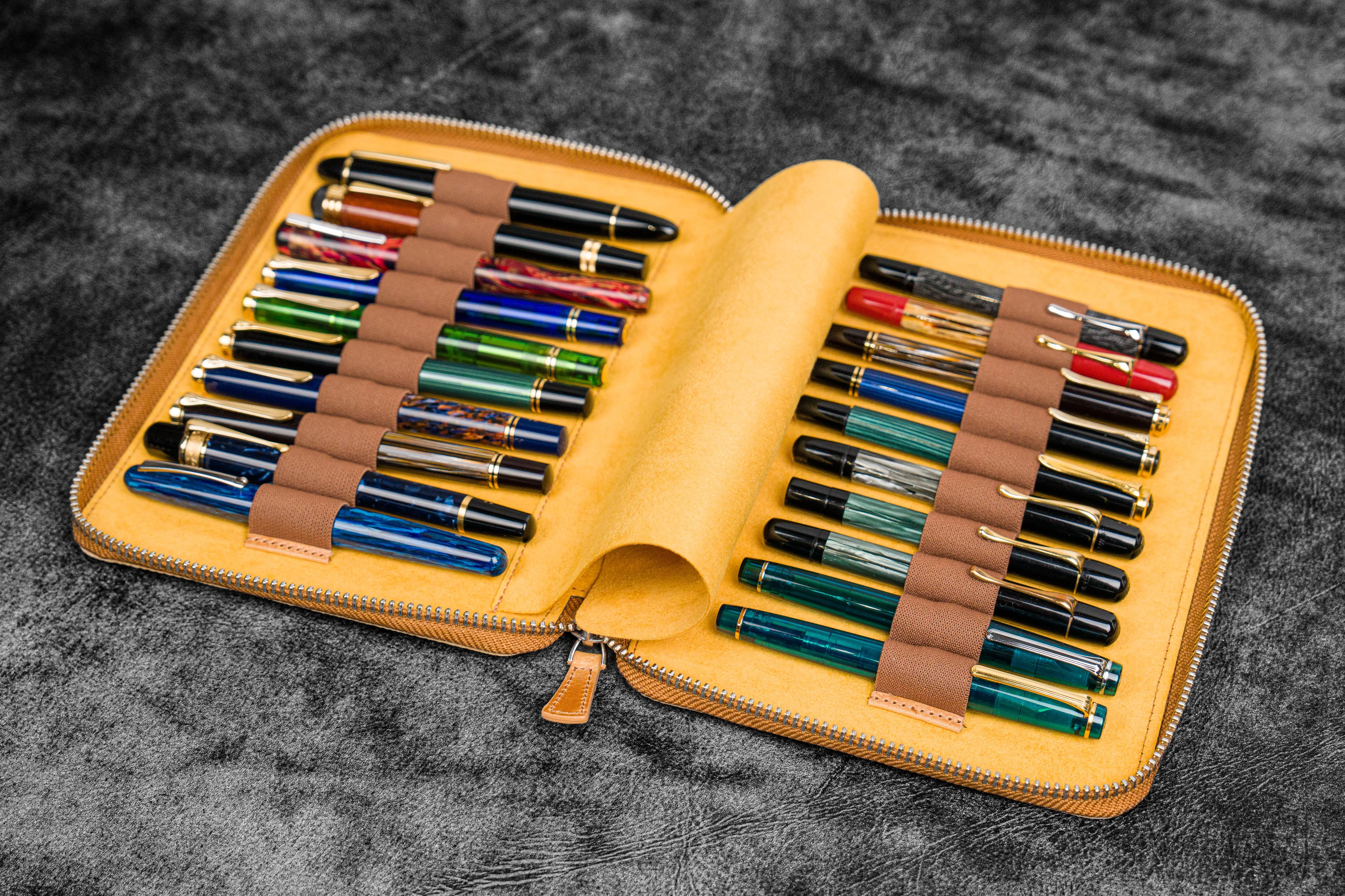 Leather Zippered 20 Slots Pen Case - Crazy Horse Honey Ochre