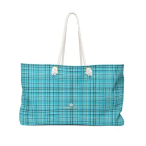 Light Blue Plaid Tote Bag, Tartan Print Oversized Designer 24"x13" Large Weekender Bag