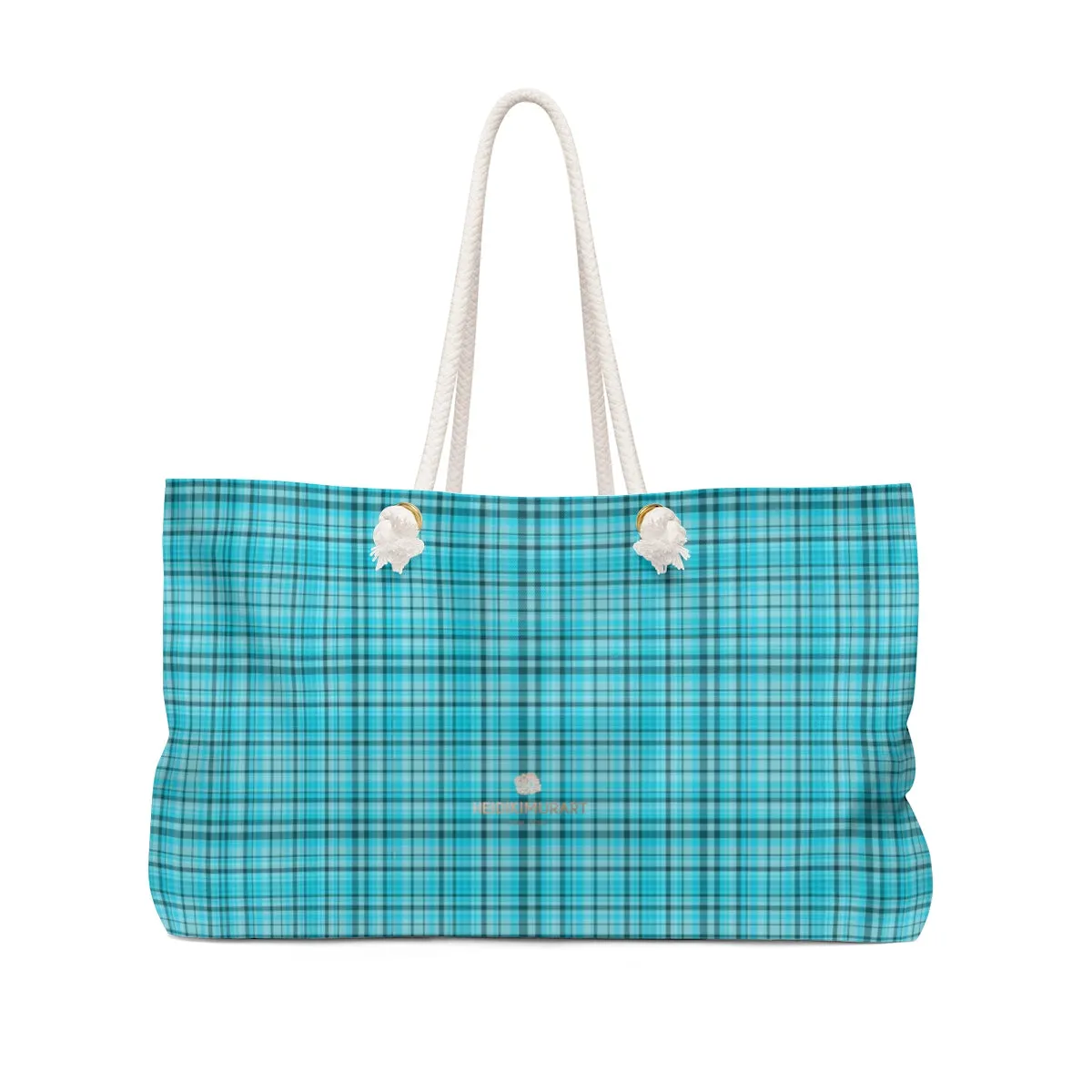 Light Blue Plaid Tote Bag, Tartan Print Oversized Designer 24"x13" Large Weekender Bag