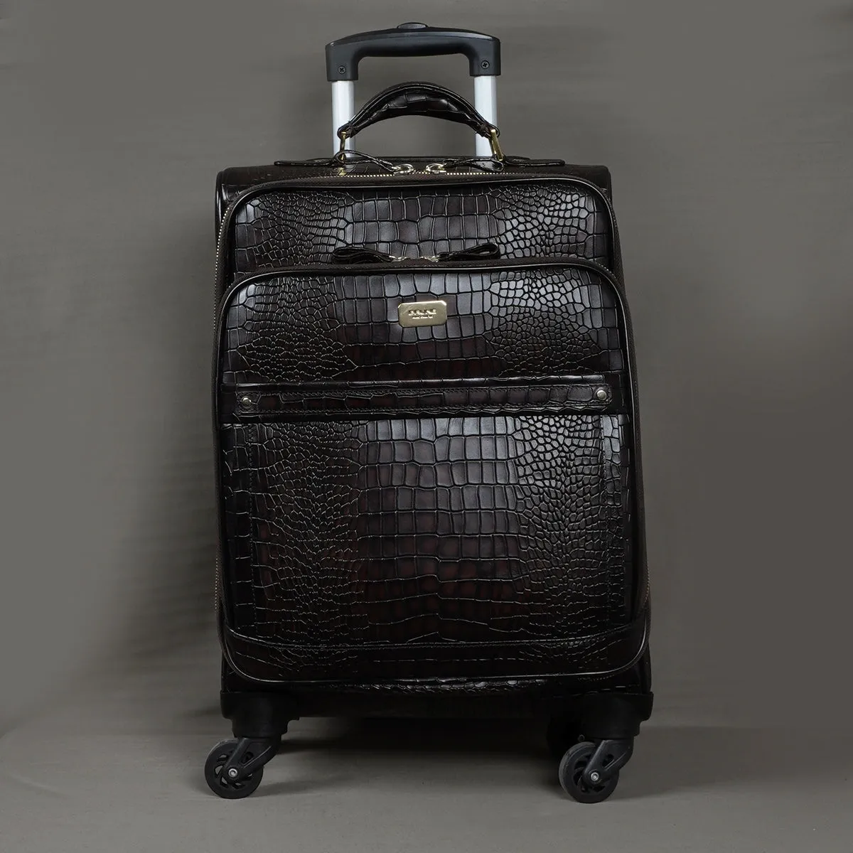 Luxuriously Deep Cut Croco Dark Brown Quad Wheel Cabin Luggage Leather Strolley Travel Bag by Brune & Bareskin