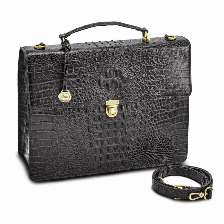 Luxury Giftware by Jere Top Grain Leather Croc Texture Black Briefcase/Messenger Bag with Zip Pocket, Pen Pockets, Key Fob, and Detachable Shoulder Strap